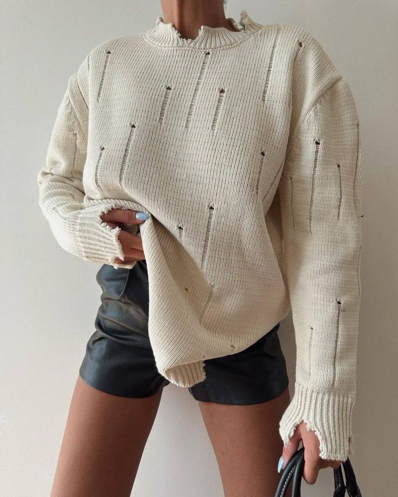 Women's Pullover Sweater Women's Hand-worn Crew-neck Sweater_voghion.com