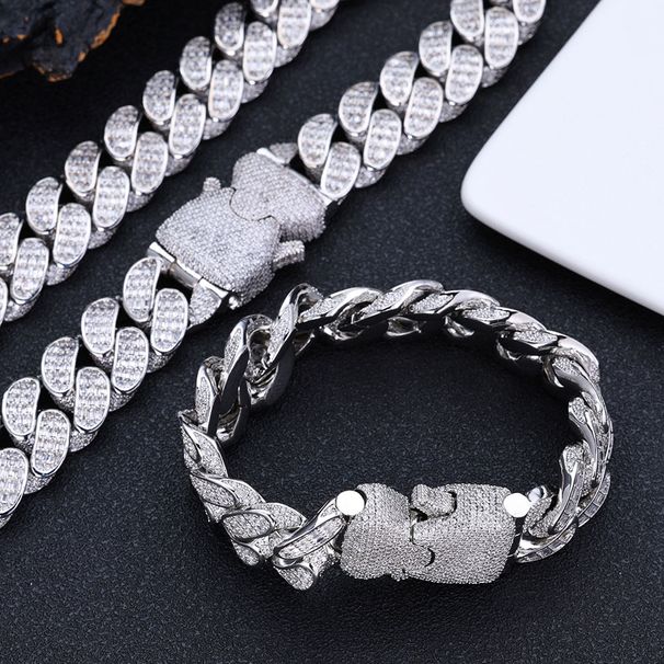 Collana e bracciale unisex con catena a maglie cubane a tripla fila da uomo con zirconi taglio T, larghezza 18 mm, stile hip hop, tonalità oro e argento_voghion.com