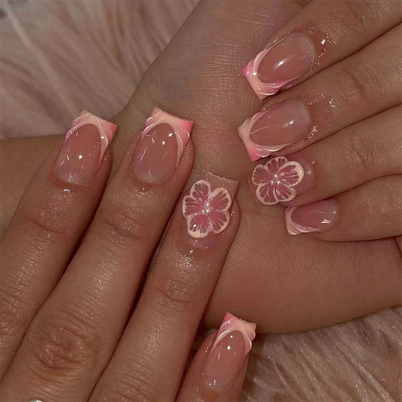 Short bright face generous armour Europe and the United States cross-border foreign trade French relief flower pearl detachable wear nail art 24 piece_voghion.com