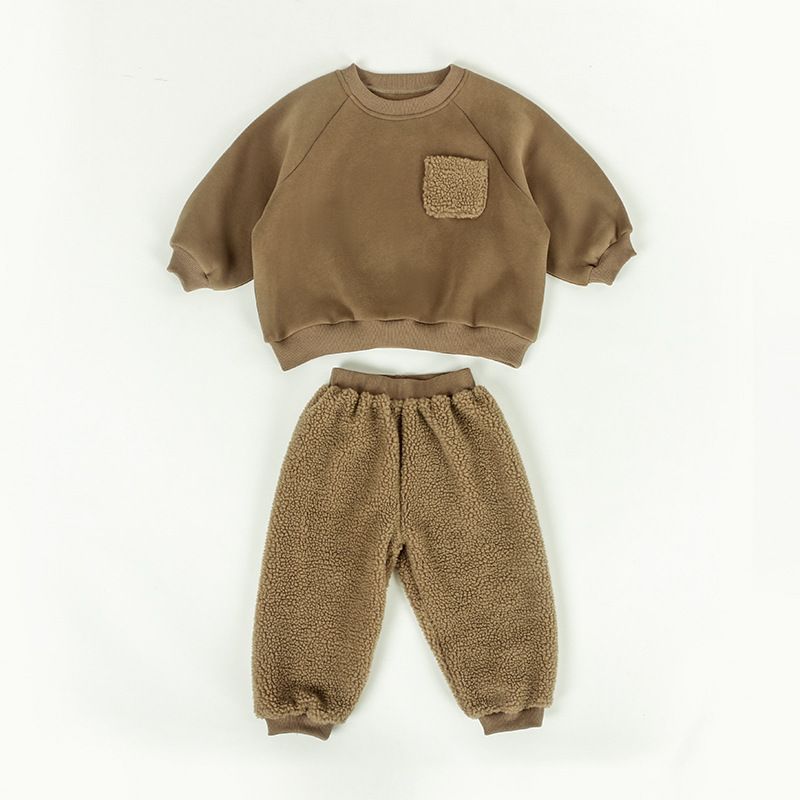 2024 Autumn/Winter New Boy' Solid Color Round Neck Hoodie with Thick Velvet Pant Two Piece Set Available in Four_voghion.com