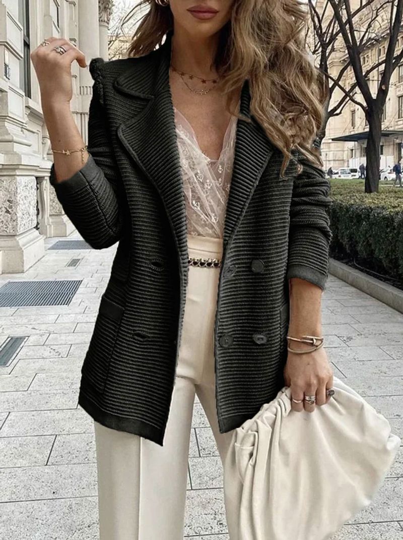 Women's solid color pit strip casual suit short loose jacket_voghion.com