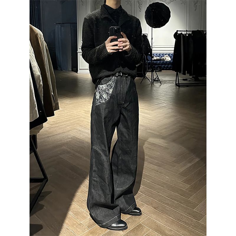 Snake Track Original Denim Narrow Selvedge Burnt Flower Flare Jeans Homme American Retro Jacquard Patchwork Pantalon Pantalon Droit_voghion.com