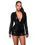 Dammekleeder Pailletten-Zweideeler-Shorts Déif V-Ausschnëtt Récklos Laangärm Reißverschluss Temperament Sexy Jumpsuit_voghion.com