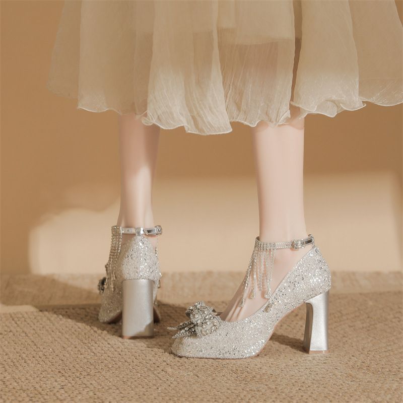 Z74-992-J10 Square Toe, Thick Heel, Waterproof Platform, Versatile High Heels, Black, Delicate, Sparkling, Stunning, Non_voghion.com