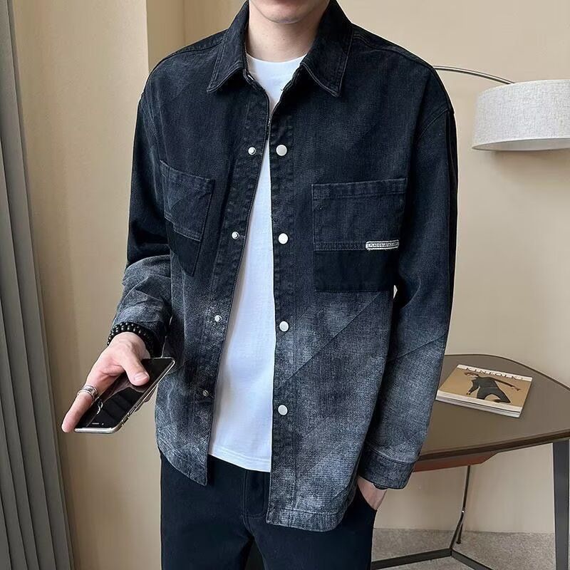 Herren-Jeansjacke im Ombre-Look – stylischer, lässiger Mantel im Hemd-Stil mit zweireihigem Design, lockere Passform für Frühling und Herbst​_voghion.com