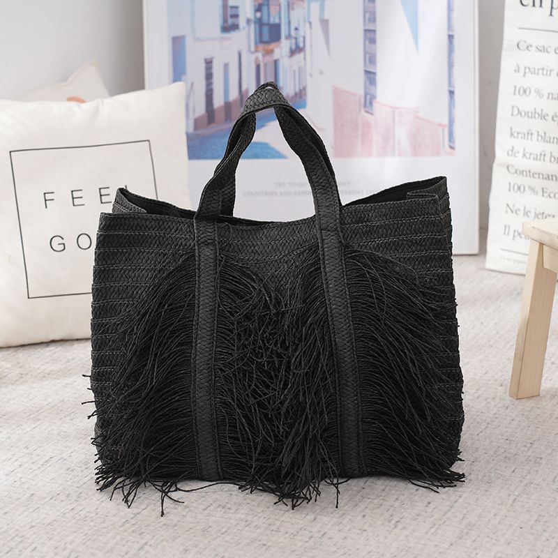 Damen mittelgroße Strohtasche aus Baumwollseil in Volltonfarbe mit magnetischer Schnalle für den Urlaub und den Strand_voghion.com