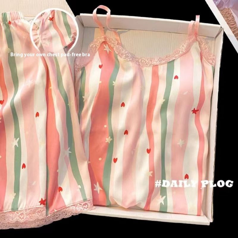 2024 Ins style summer women's ice  silk pajamas with chest cushion,  sexy suspender, sweet home outfit set_voghion.com