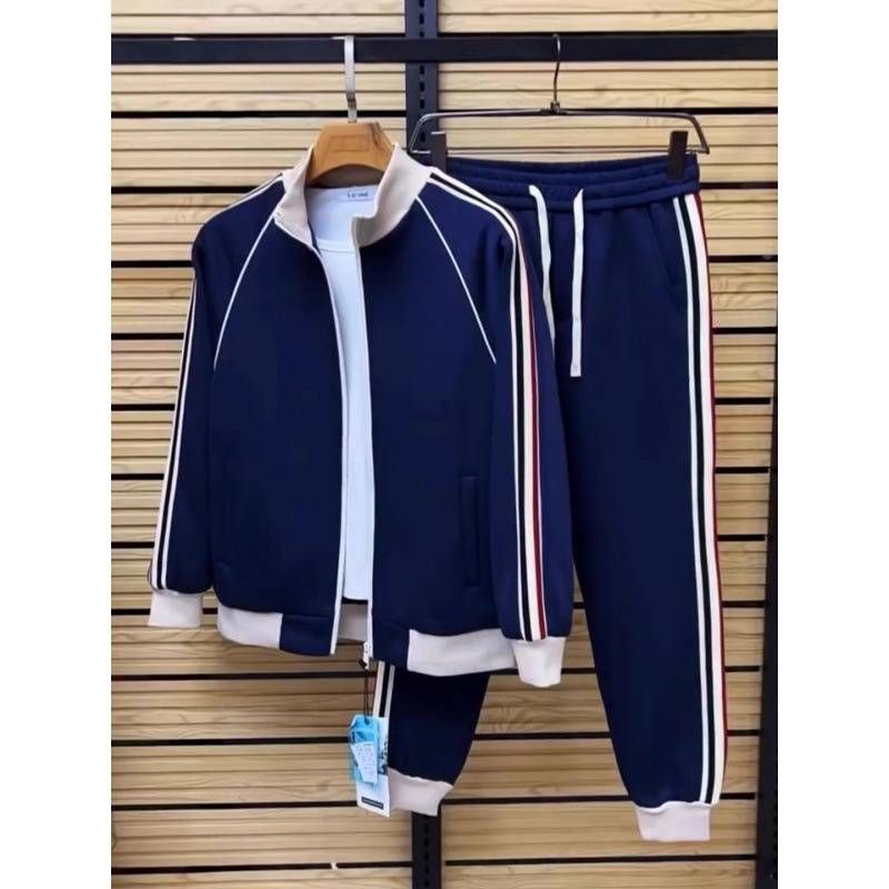Abbigliamento maschile, colletto alla coreana, casual, a righe, giacca e pantaloni di alta qualità, alla moda, di alta qualità, due pezzi_voghion.com