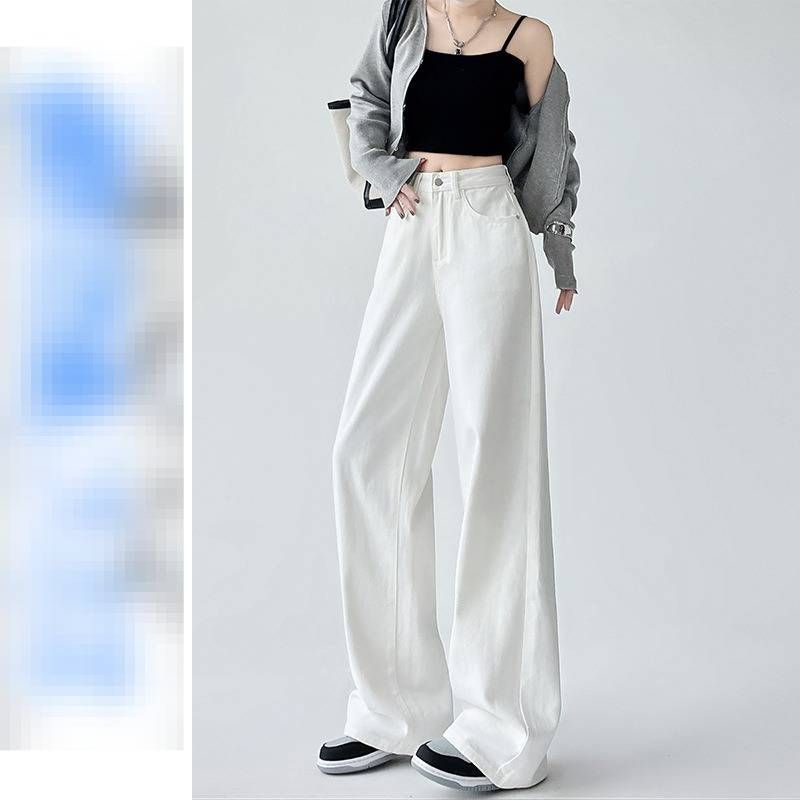 Damenbekleidung Weiße Jeans mit weitem Bein, hohe Taille, fließende Hose mit geradem Bein für Komfort und Stil im Herbst mit Volltonfarbe_voghion.com