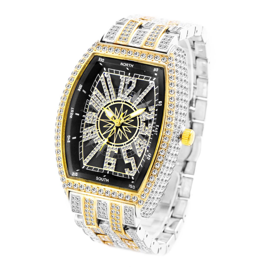 Men's Luxury Barrel Watch - Full Diamond Dial, Oversized Case, Swiss Quartz Movement_voghion.com