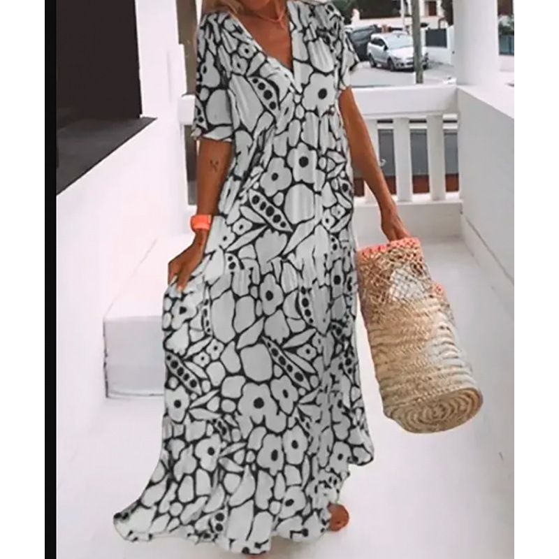 Robe longue imprimée à manches courtes et col en v profond pour femmes, vêtements d'été, nouveau style_voghion.com