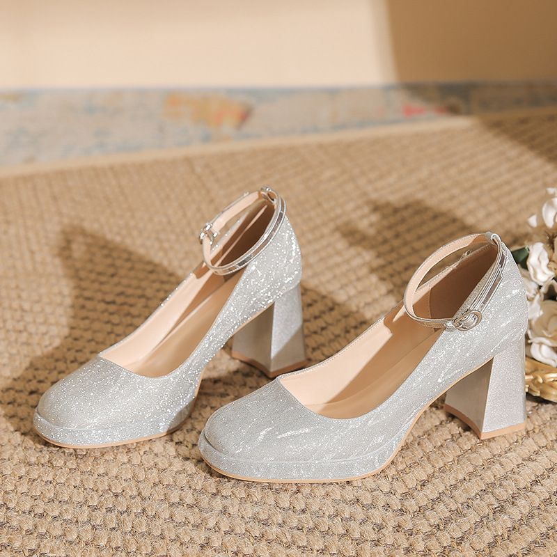 One Button Waterproof Platform With Fine Flashing Spring New High Heels, Mary Jane's High-end Square Toe Thick Heel_voghion.com