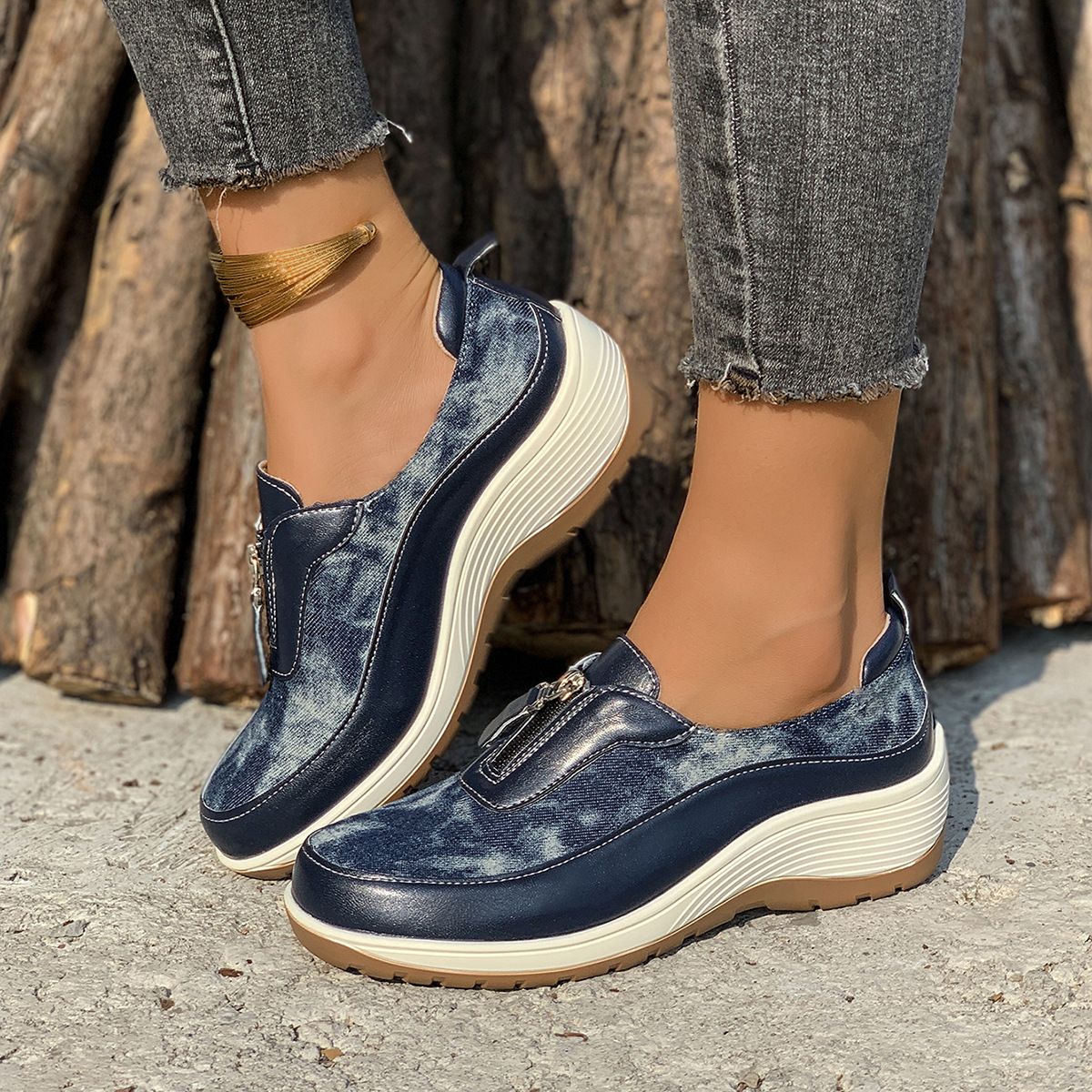 Damenschuhe große Freizeitschuhe farblich passende Leopardenmuster Keilabsatz dicke Sohle runde Zehen Slip-On-Schuhe_voghion.com