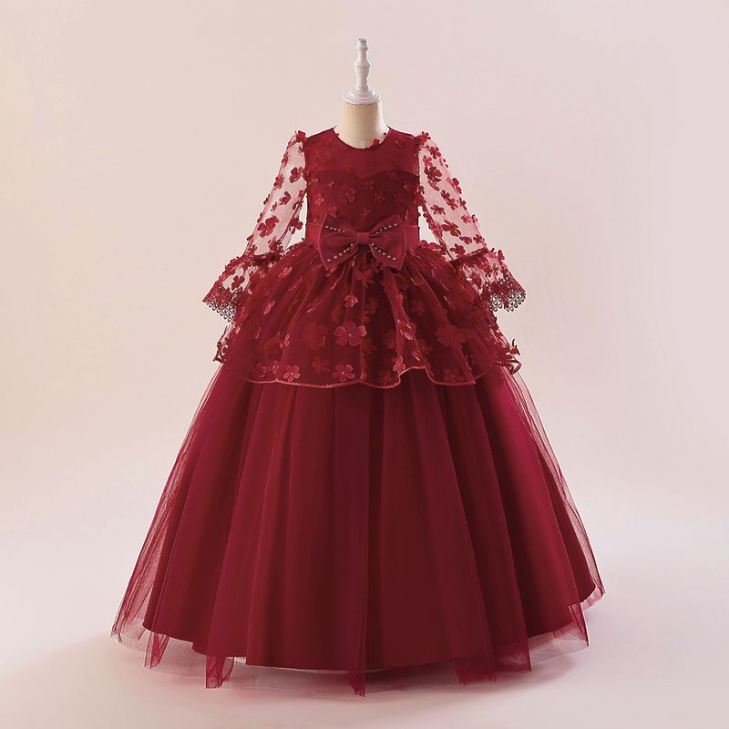Mother & Kids Medium and large children's long-sleeved dress three-dimensional flower puffy long skirt girl mesh bow dress flower girl princess dress_voghion.com