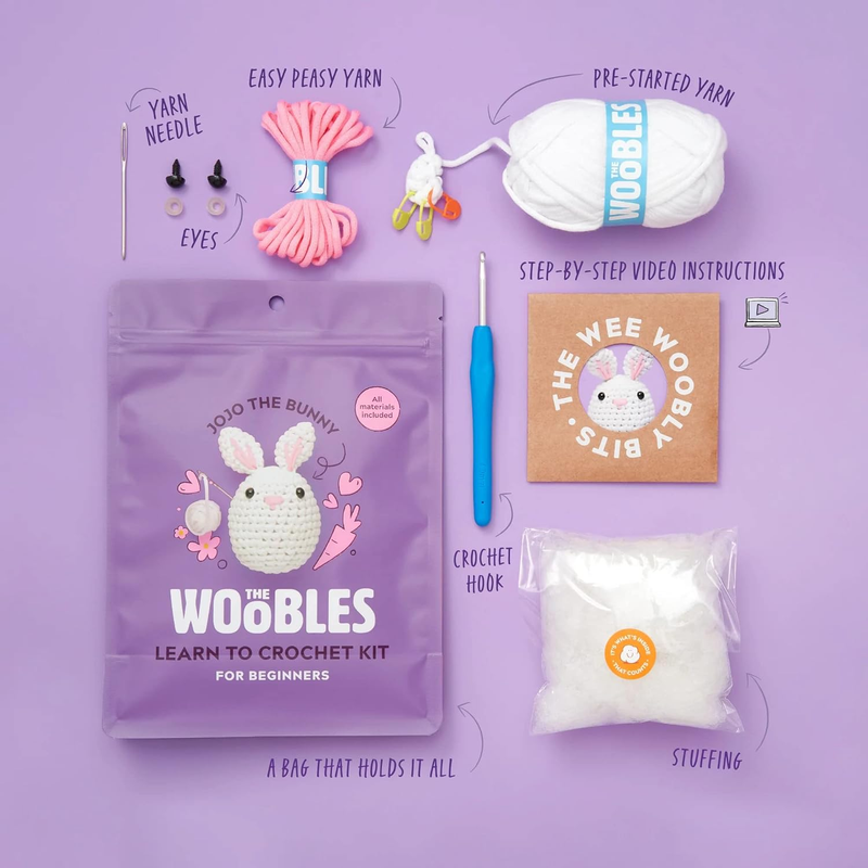 Woobles hæklesæt til begyndere med Easy Peasy garn som set på Shark Tank - til trinvise videovejledninger JoJo Bunny_voghion.com
