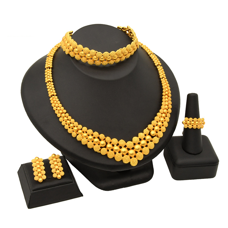 Cross-border Dubai Bridal Necklace Earrings Ring Bracelet Four-piece Nigerian Women's Gold Jewelry Set_voghion.com