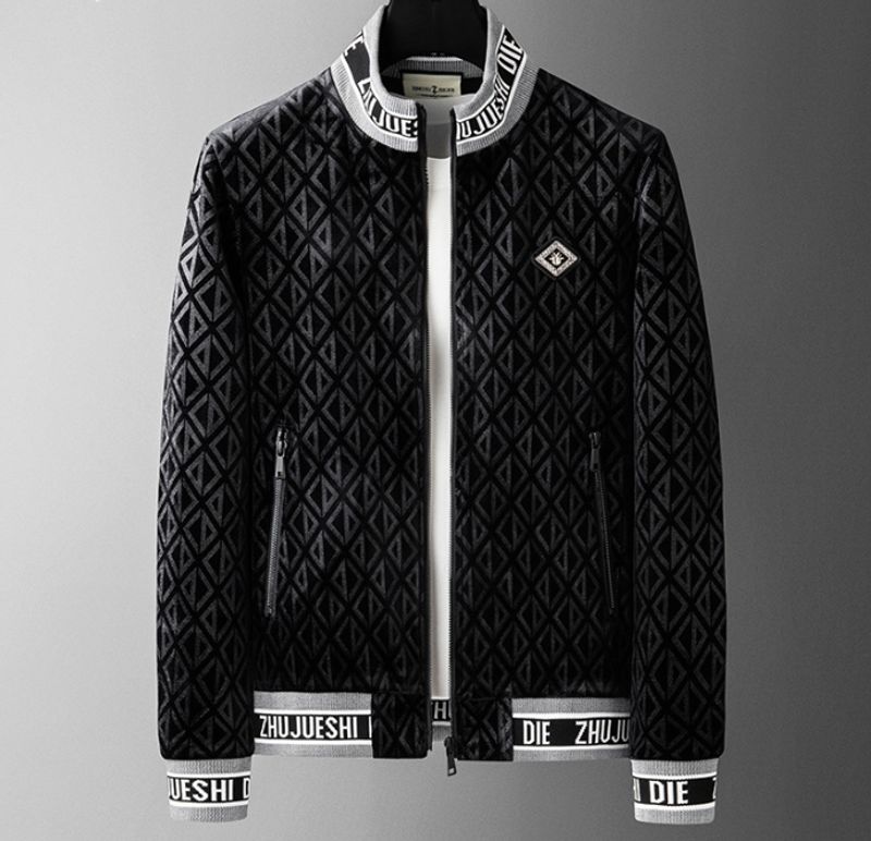 European men's 2024 autumn new men's stand collar coat light luxury print plaid trend cardigan hoodie men's coat_voghion.com