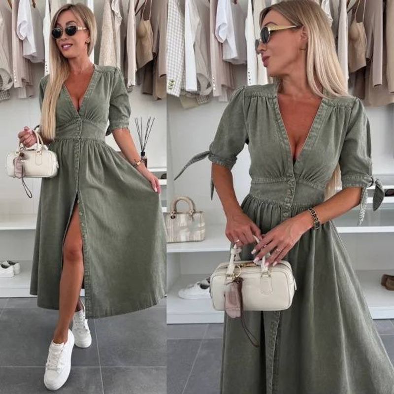 Vêtements pour femmes Mode Jupe longue Col en V Manches courtes Robe longue en jean ample à boutons_voghion.com