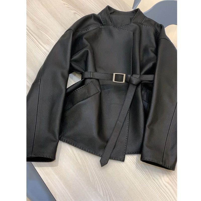 Veste motarde chic pour femme – Blazer court en similicuir avec ceinture à la taille, veste noire surdimensionnée à fermeture éclair, essentiel du streetwear coréen_voghion.com
