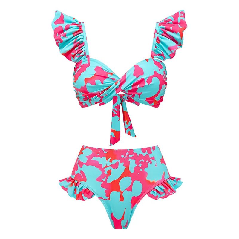 Bikini-Set mit hoher Taille für Damen – Zweiteiliger Badeanzug mit Rüschenmuster, geteiltes Design für den Strandurlaub_voghion.com