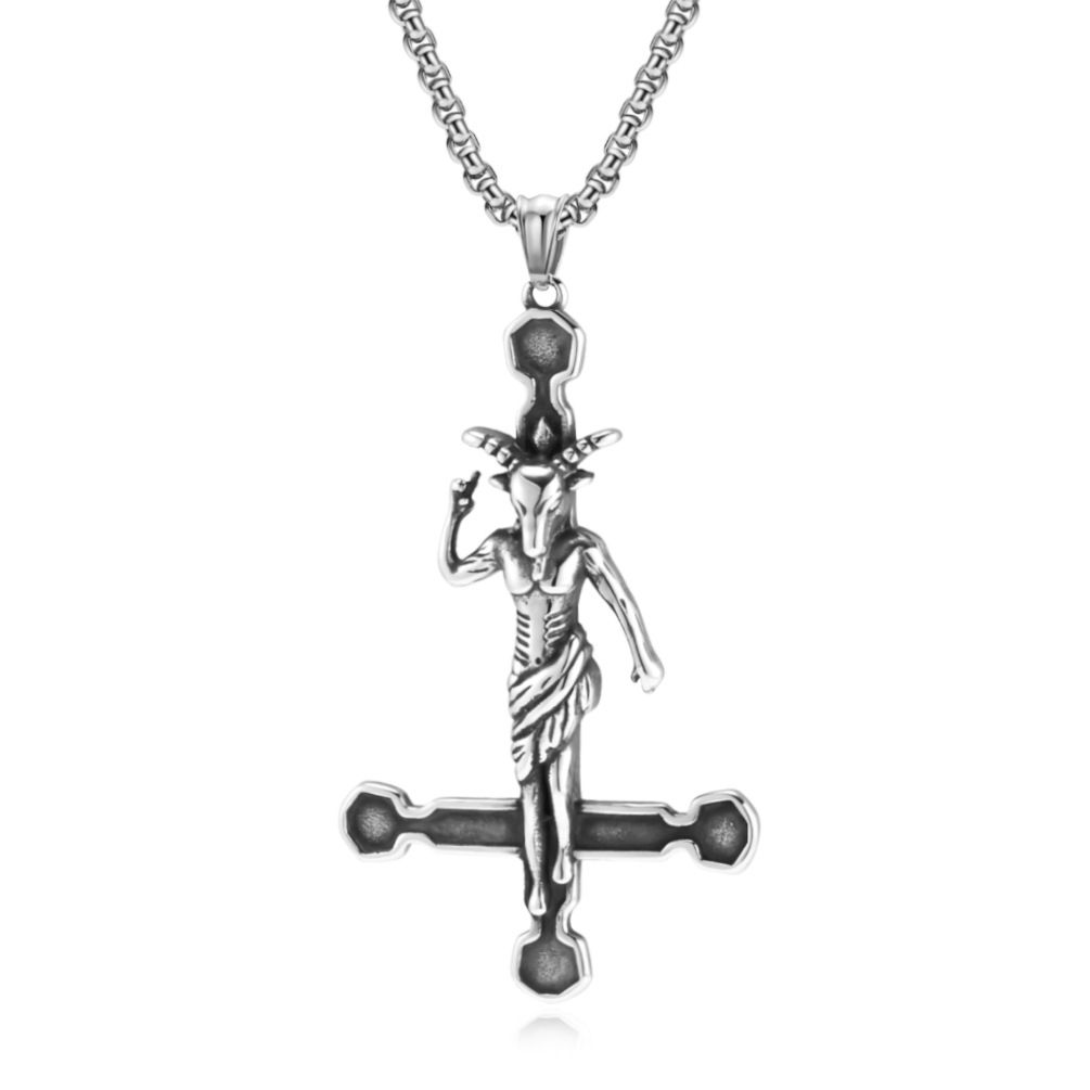 Wind Demon Satan Goat Inverted Cross Titanium Steel Necklace Niche Personality Pendant_voghion.com