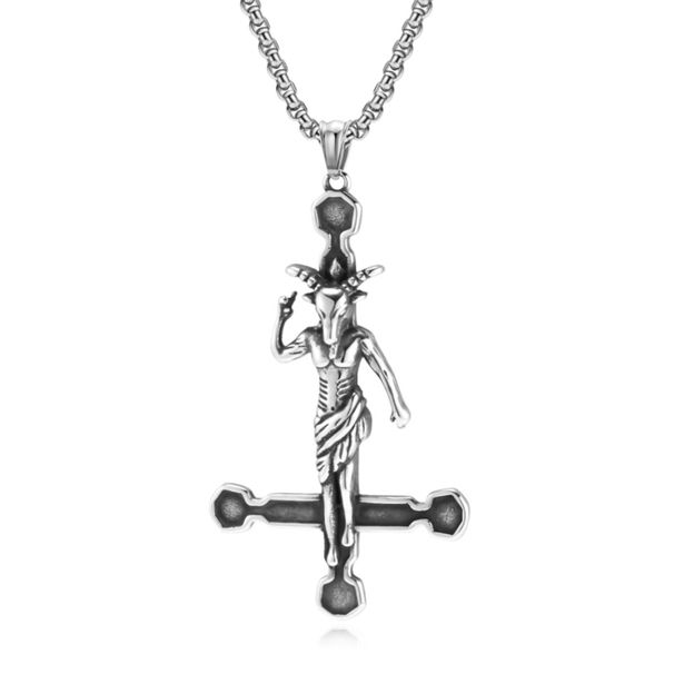 Wind Demon Satan Goat Inverted Cross Titanium Steel Necklace Niche Personality Pendant_voghion.com
