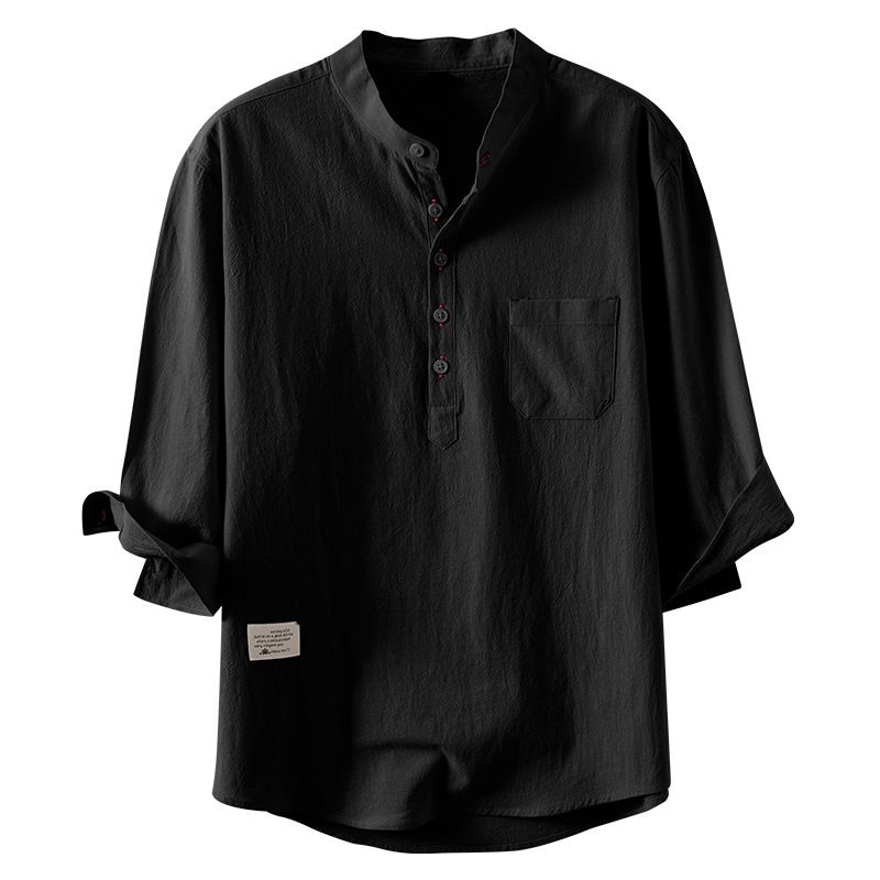 Herrenbekleidung, Baumwoll-Leinen-ähnliches Kurzarm-Freizeithemd, atmungsaktiv, leicht, schmale Passform, Stehkragen, Sommeroberteil (Weiß/Schwarz/Grau/Beige)_voghion.com