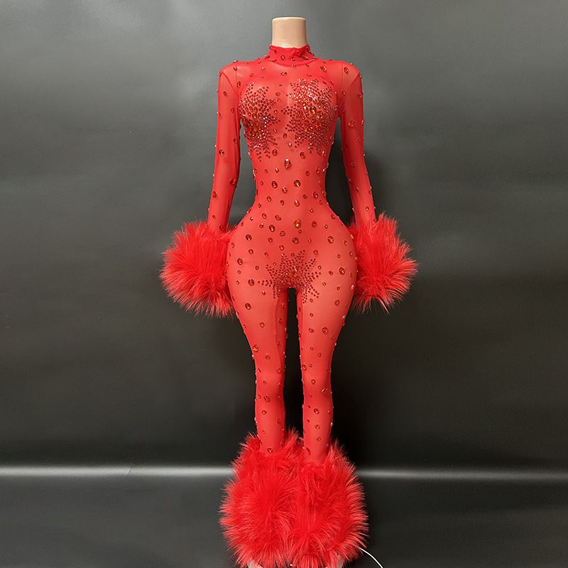 Nova Kayısı manşetleri ve beyaz kürklü bacak süslemeleri, seksi slim fit parti yuvarlak yaka uzun kollu tulum_voghion.com