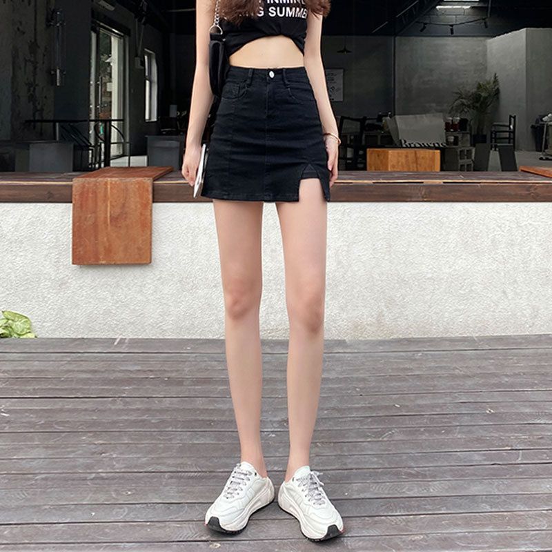 Pantaloni corti in denim per donna, alla moda, con spacco a vita alta, di piccola statura, con elastico antiriflesso, a metà corpo, a trapezio avvolto_voghion.com