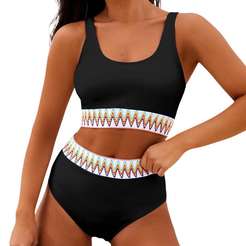  Maillot de bain pour femmes, bikini taille haute, fendu, ruban, grande taille, coutures de couleur unie_voghion.com