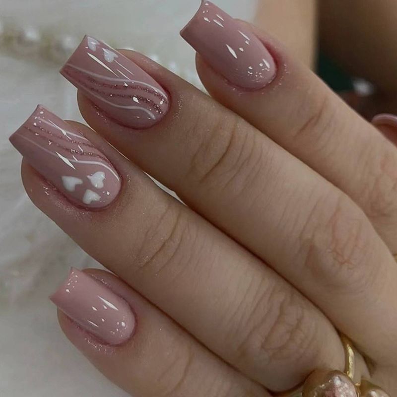 24 medium to long square solid color nude lotus root powder nail art heart-shaped ripple cute nail art pieces&1 rubbing strip&1 jelly glue_voghion.com