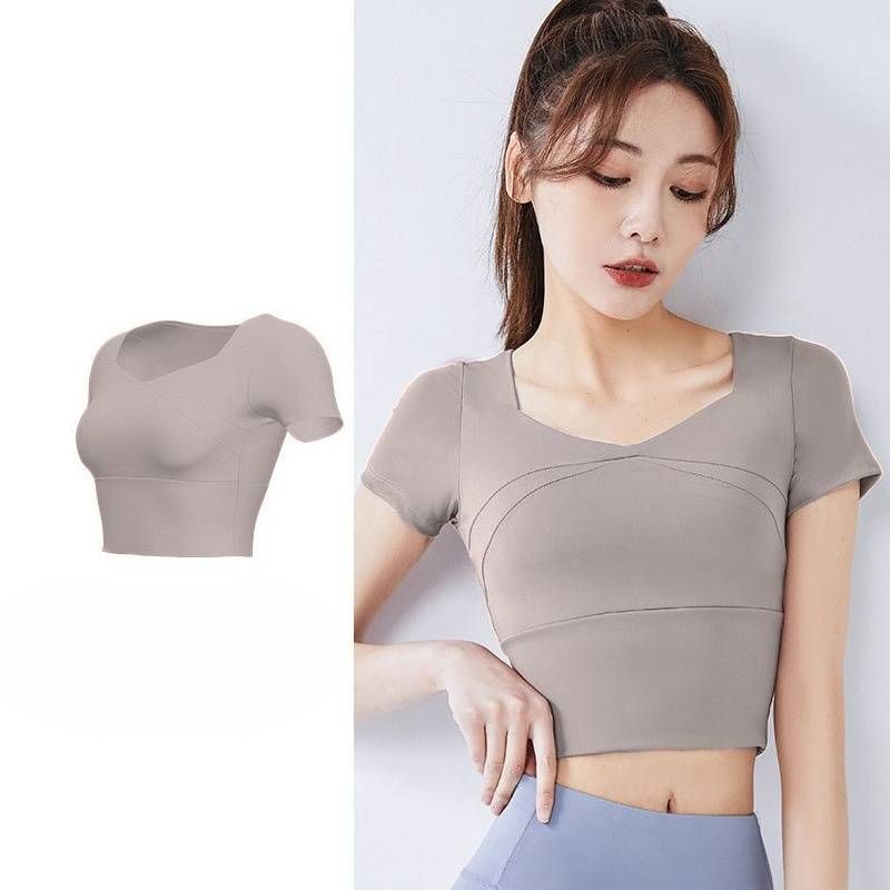 Short Yoga Top With Elastic Band & Chest Pad, Compressive, Buttery-soft, Short-sleeve_voghion.com