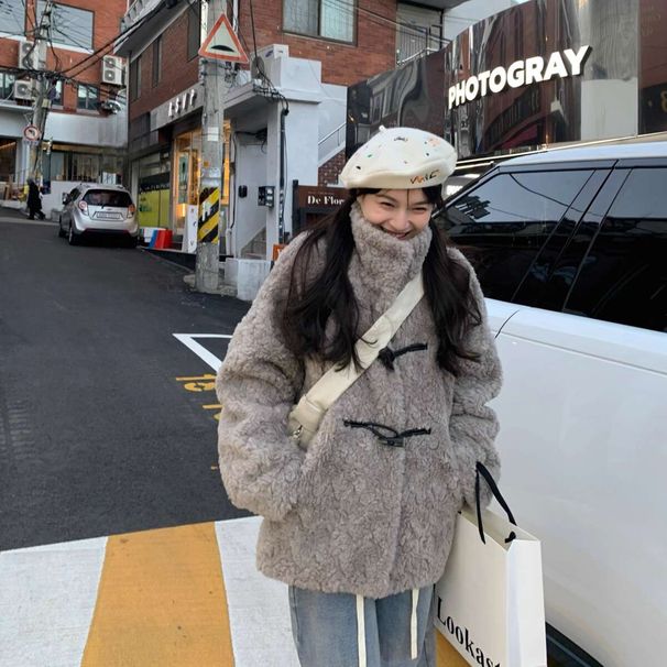 Standkragen Kou Hornknäppchen Lämmchewoll mëttellaang Pelzmantel Damen Kotteng Top fir Wanterwierm_voghion.com