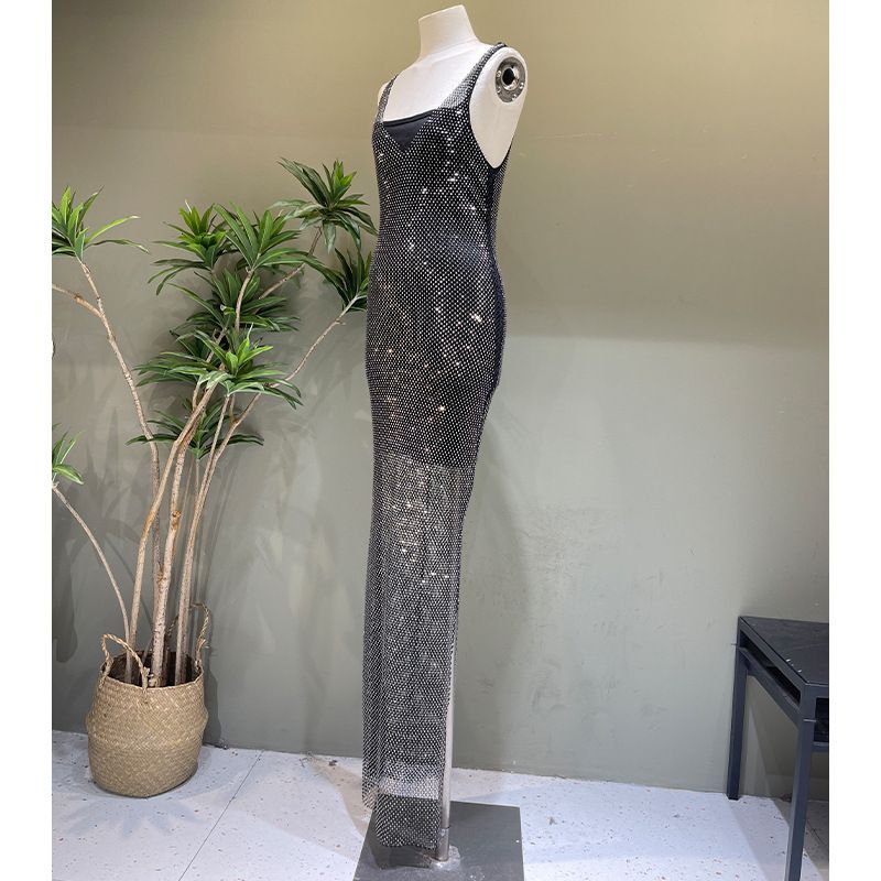 Women’s Clothing Glittery Look Fashion Diamond Dress Long Vest Dress Hot Diamond V Neck Net Celebrity Beach Wear Nightclub Clothing Trend_voghion.com