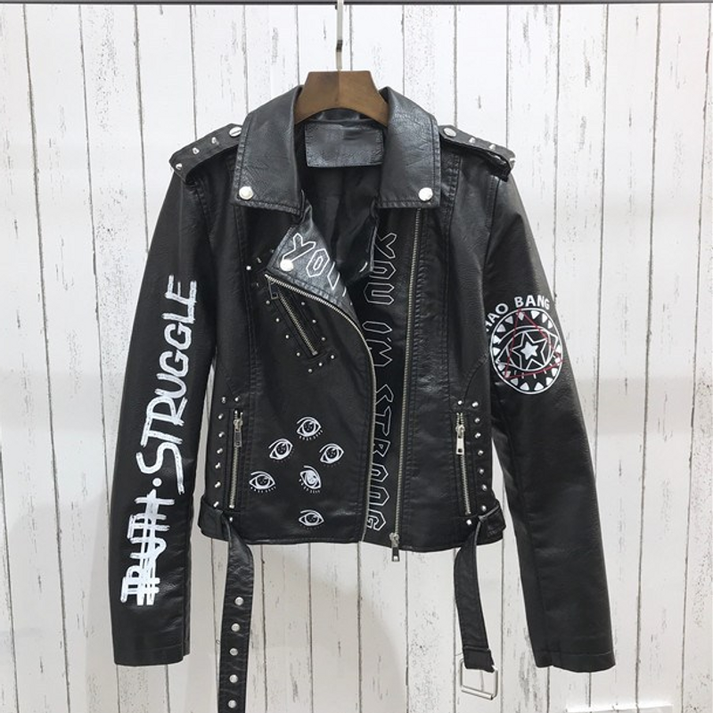  Jas Leren Jas Dames PU Klinknagel Rits Epauletten 3D Gedrukt Motorcycle Street Wear_voghion.com