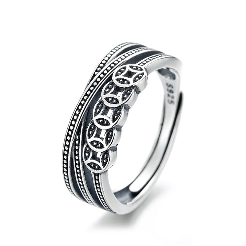 Anello multistrato in stile etnico vintage Yun Chao Xuan S in argento puro con moneta di rame per l'indice_voghion.com