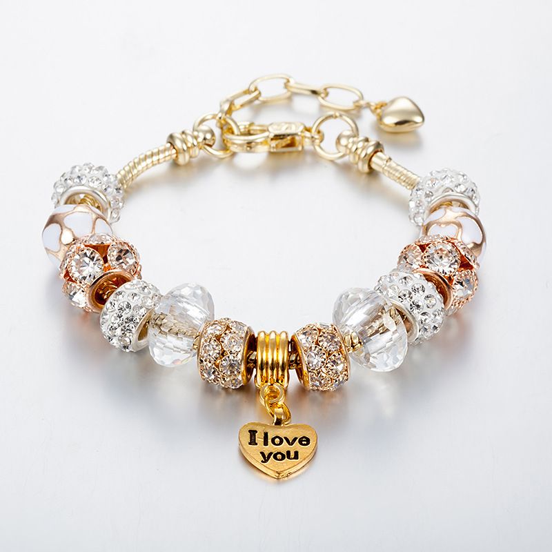 Hot Selling White Crystal Beads Charmbracelet Pan Family Love Pendant Bracelet Female_voghion.com