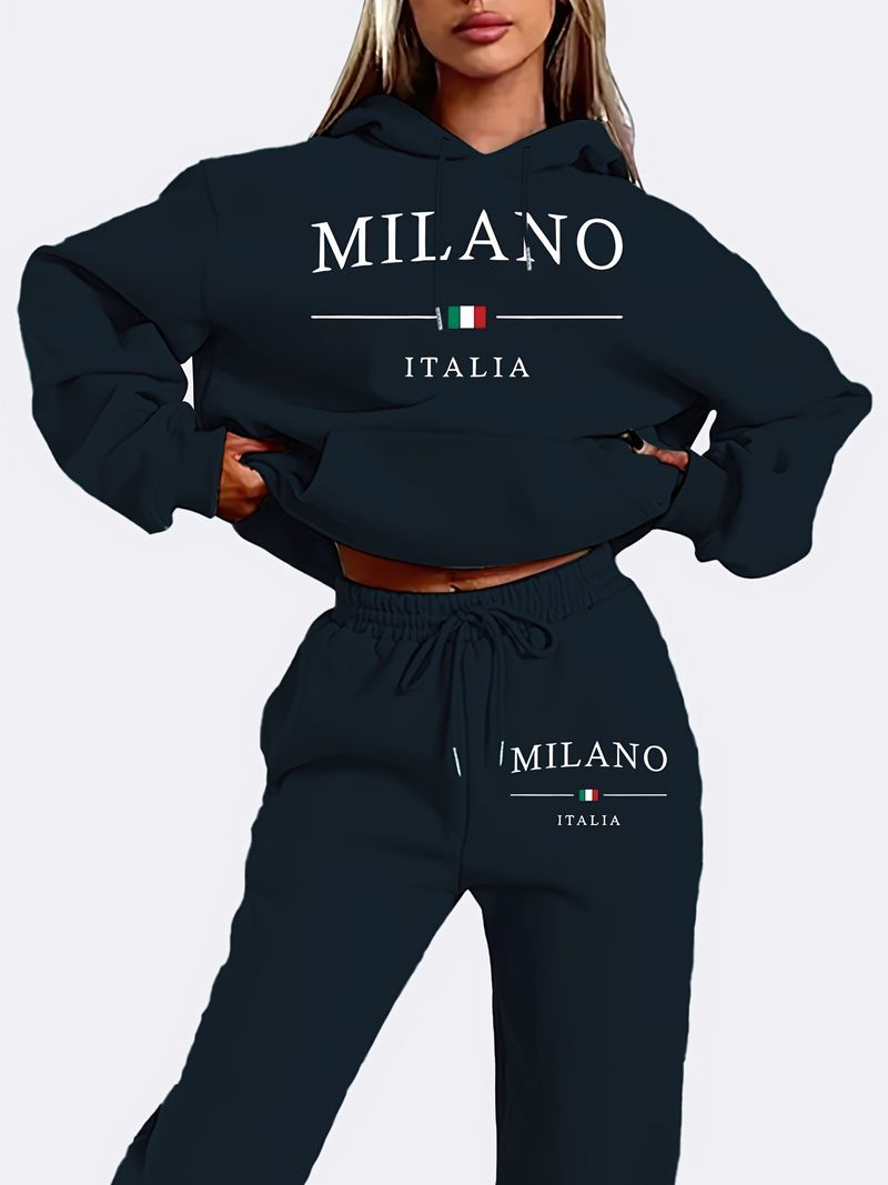 Trening elegant, casual, cu imprimeu de litere, din 2 piese, pentru femei, cu material moale_voghion.com