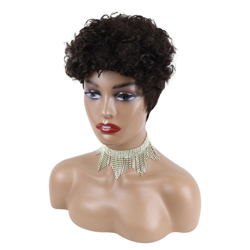 4inch short wool curly large curl machine-made human hair wig head cover rose mesh breathable mixed color daily matching_voghion.com