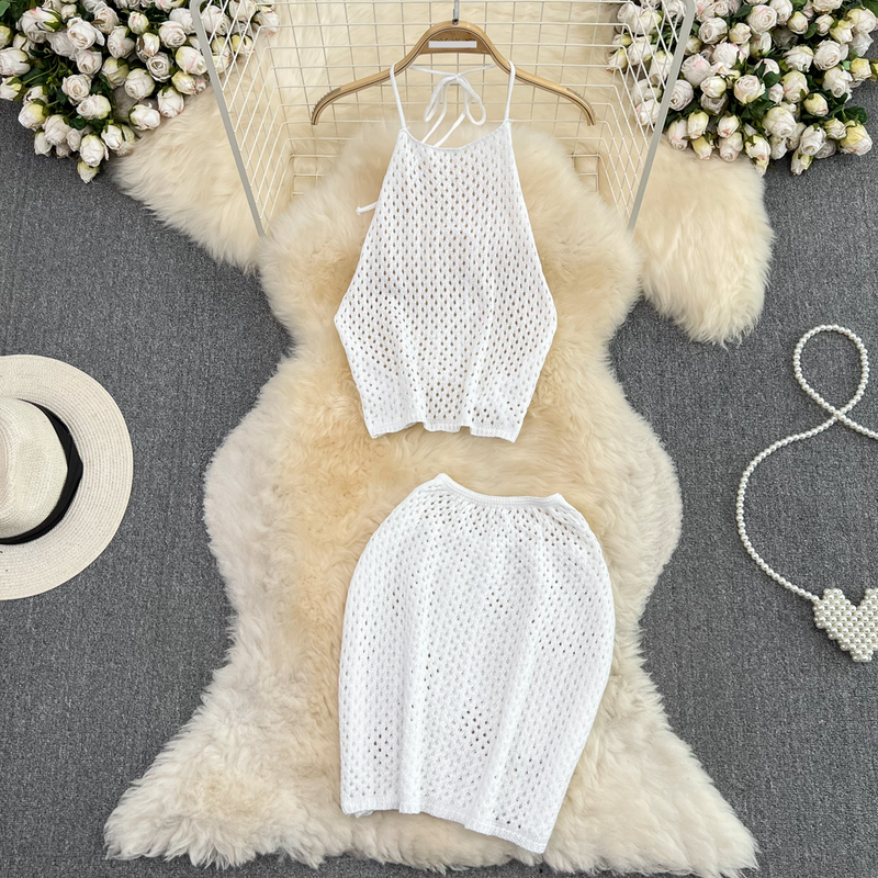 Women's Clothing Beach holiday fashion suit pure desire halter neck hollow knitted camisole vest two-piece set high waist hip skirt_voghion.com