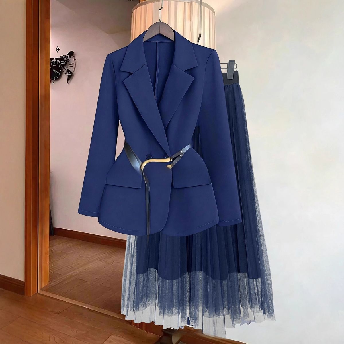 Elegant Blazer & Mesh Skirt Set With Belt – Women’s Office-to-Evening Outfit (S-XXL, Navy Blue)_voghion.com