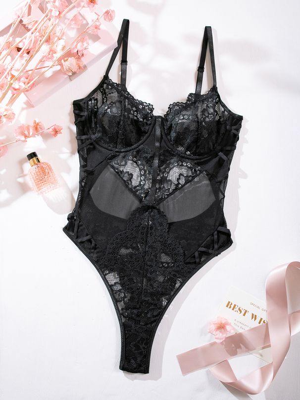 Damenbekleidung, heißer Verkauf, sexy Spitzenspleiß-Spitze, durchsichtig, sexy Bügel-Einteiler-Unterwäsche für Frauen M2929_voghion.com