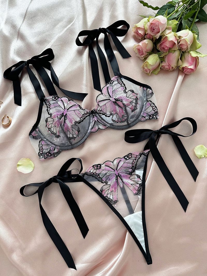 Kajiano's Cross Border Foreign Trade Hot Selling New Butterfly Embroidered Suspender Transparent Mesh Temptation Girl's Emotional Fun Suit_voghion.com