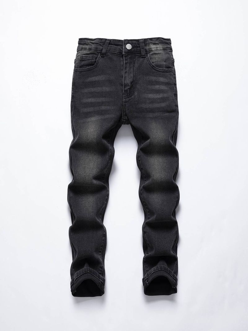 Elastischer, dichter Stoff für Jungen, bequem und lässig, schlicht und vielseitig, klassische Reißverschlusshose im College-Stil mit verstellbarem, elastischem Bund, schwarze, verwaschene Jeanshose_voghion.com