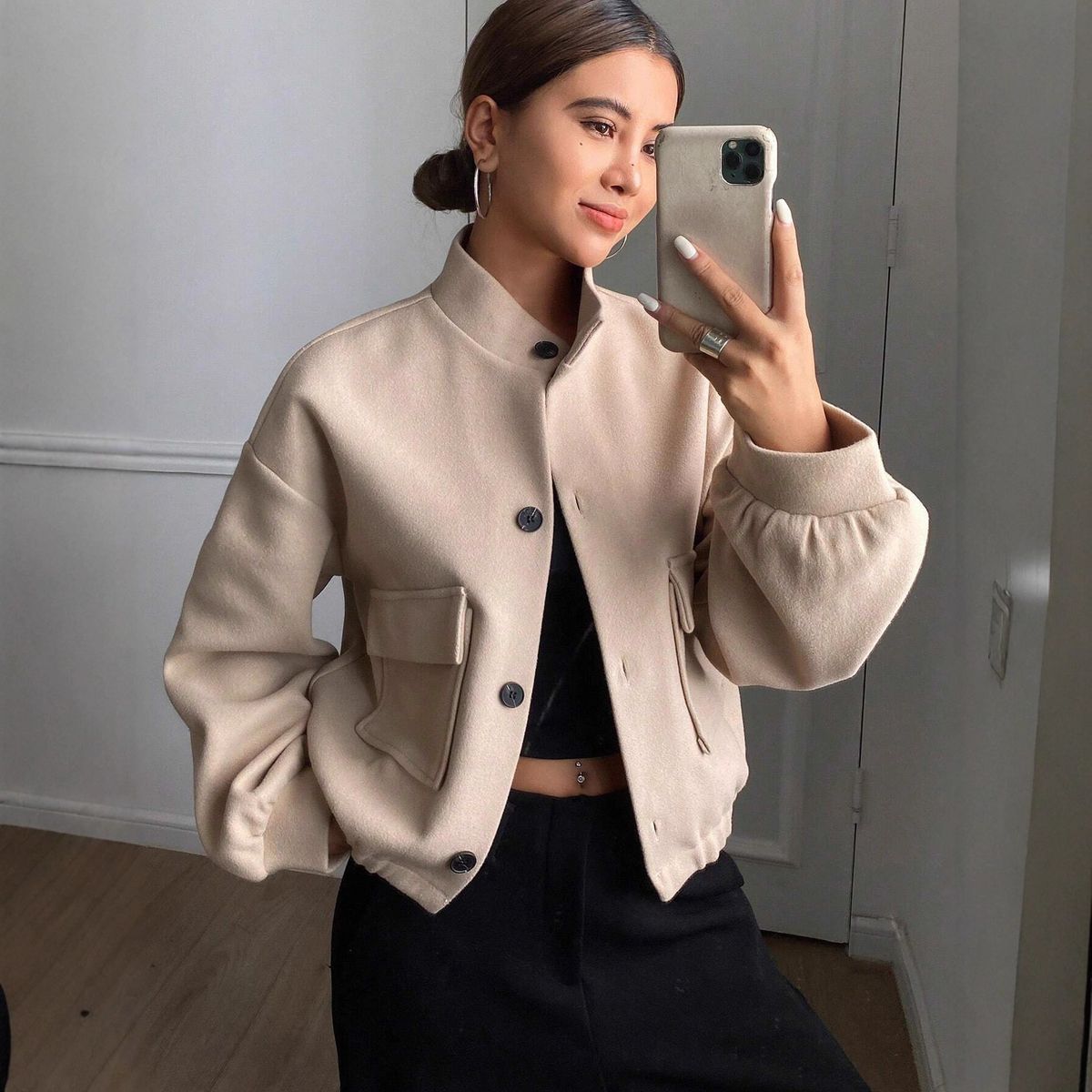Women's Clothing Autumn Winter Women's Casual Short Wool Blend Coat With Stand Collar & Single Button Closure, Loose Fit, Long Sleeve, Outerwear_voghion.com