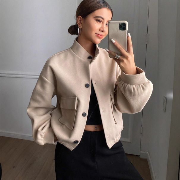Women's Clothing Autumn Winter Women's Casual Short Wool Blend Coat With Stand Collar & Single Button Closure, Loose Fit, Long Sleeve, Outerwear_voghion.com