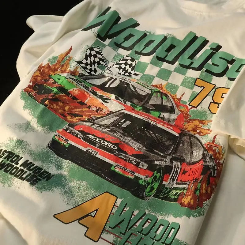 Kid's Clothing retro fashion brand new racing print loose trendy male and female student T-shirt couple wear pure cotton short sleeve_voghion.com