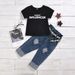Mother & Kids new black letter printed T-shirt + button hole denim trousers with belt set_voghion.com