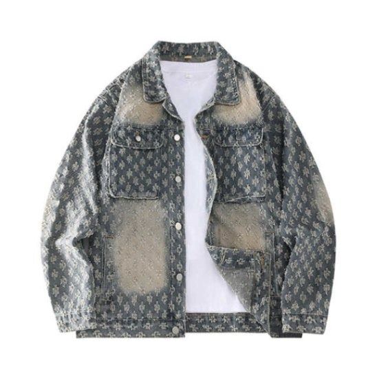 Men's Clothing Fashion Brand Retro Washed Distressed Jacquard Denim Jacket Loose Casual Versatile Full Print Couple Jacket_voghion.com