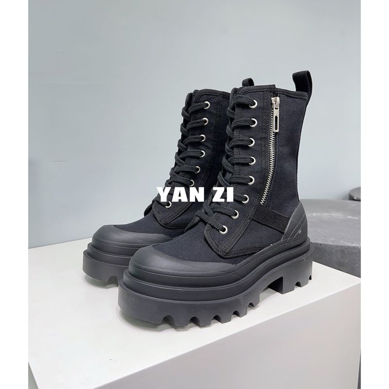 Botas Martin de cano médio com sola grossa e salto alto 24Ss para homens e mulheres, botas de lona com cadarço e cano alto, botas de trabalho_voghion.com